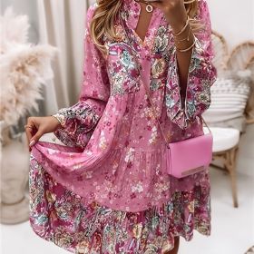 Floral Print Ruffle Hem Dress; Boho Holiday Long Sleeve V-neck Dress; Women's Clothing (Color: Multicolor, size: L(8/10))