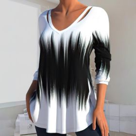 Classic Autumn Blouse Loose Hem Dressing Up Anti Pilling Gradient Print Lady Tunic Blouse (Color: Black White, size: 3XL)